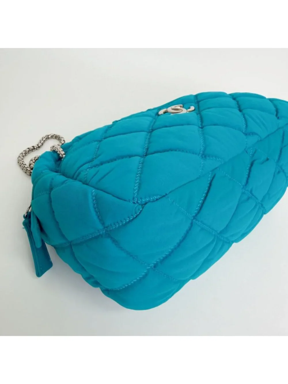 Chanel Bubble Quilt Chain Shoulder Bag Cotton Turquoise Blue Silver Seal Vintage